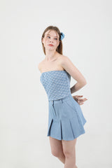 Denim Pleats Banding Mini Skirt Light Blue