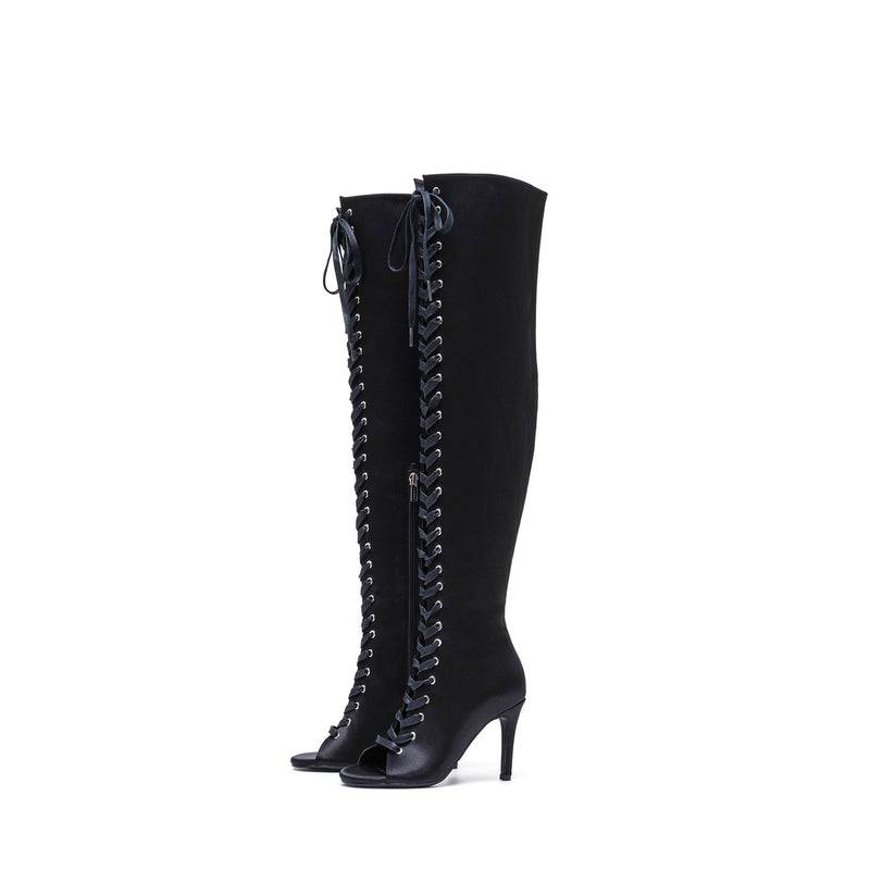 Satin Lace-Up Open Toe Boots Heel(Black)