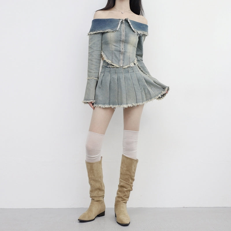 Rosea Off-Shoulder Denim Zip-Up + Skirt Set