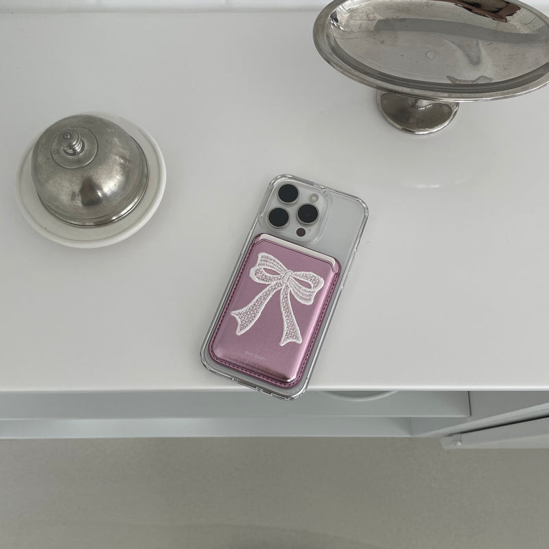 ロングリボンマグセーフカードケース + マグセーフフォンケース [pink silver]