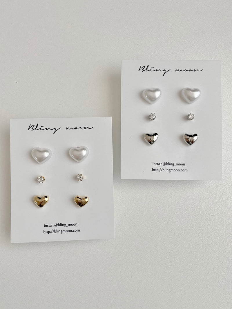 [3 set] wedding pearl heart earrings set