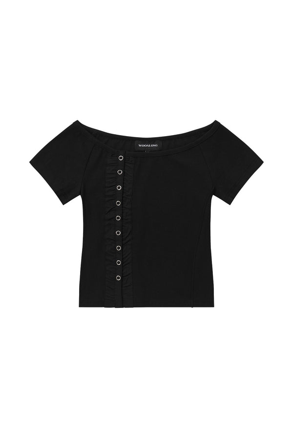 Snap off-Shoulder T-Shirts - BLACK