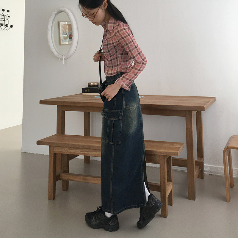 Toku Vintage Washed Cargo Denim Long Skirt