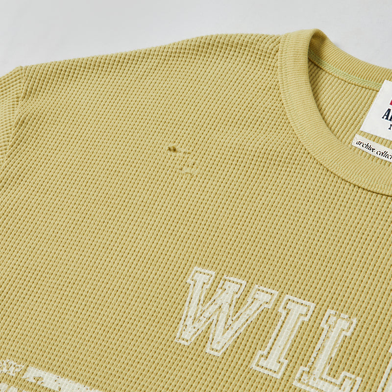 [COLLECTION LINE] VINTAGE DETAIL WASHED WAFFLE COTTON DAMAGE 1/2 T-SHIRT MUSTARD