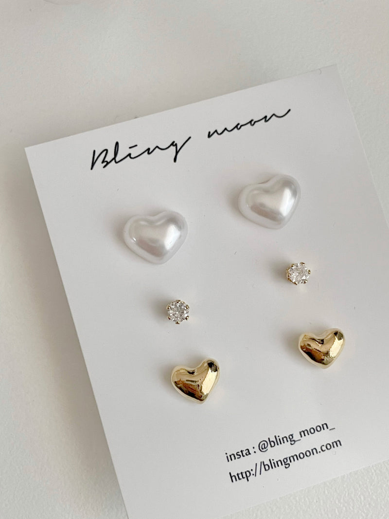 [3 set] wedding pearl heart earrings set
