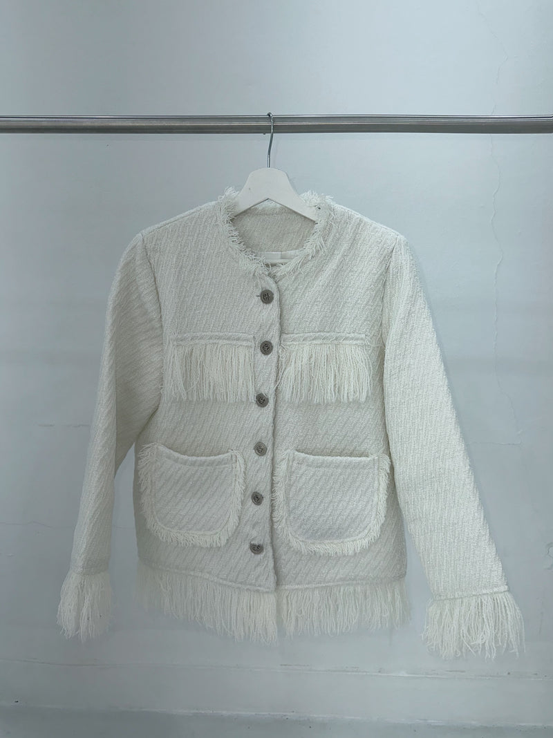 Tassel tweed loose fit no-collar jacket