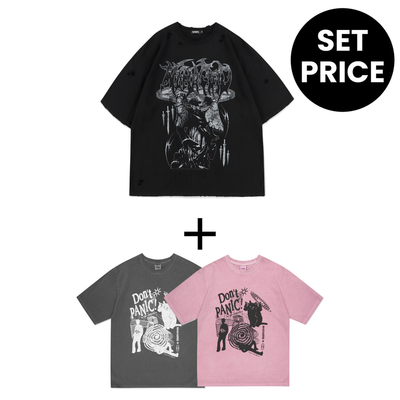 【SET】ゴスエンジェルダメージTシャツ (BLACK)+ドントパニックピグメントTシャツ