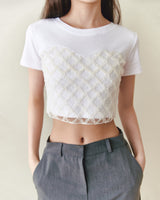 Lace Trimming Crop T-shirts [WHITE]