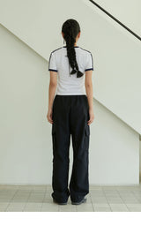 Wide cargo string polyester twill pants black