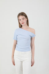 Off Shoulder Twist Half-Sleeve T-shirt Sky Blue