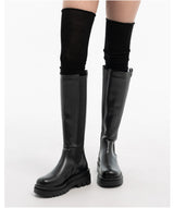 Back zipper oversole banding round toe leather long boots (Black)
