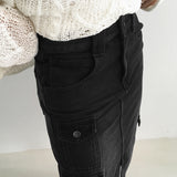 Wooden cargo front-slit washed denim long skirt