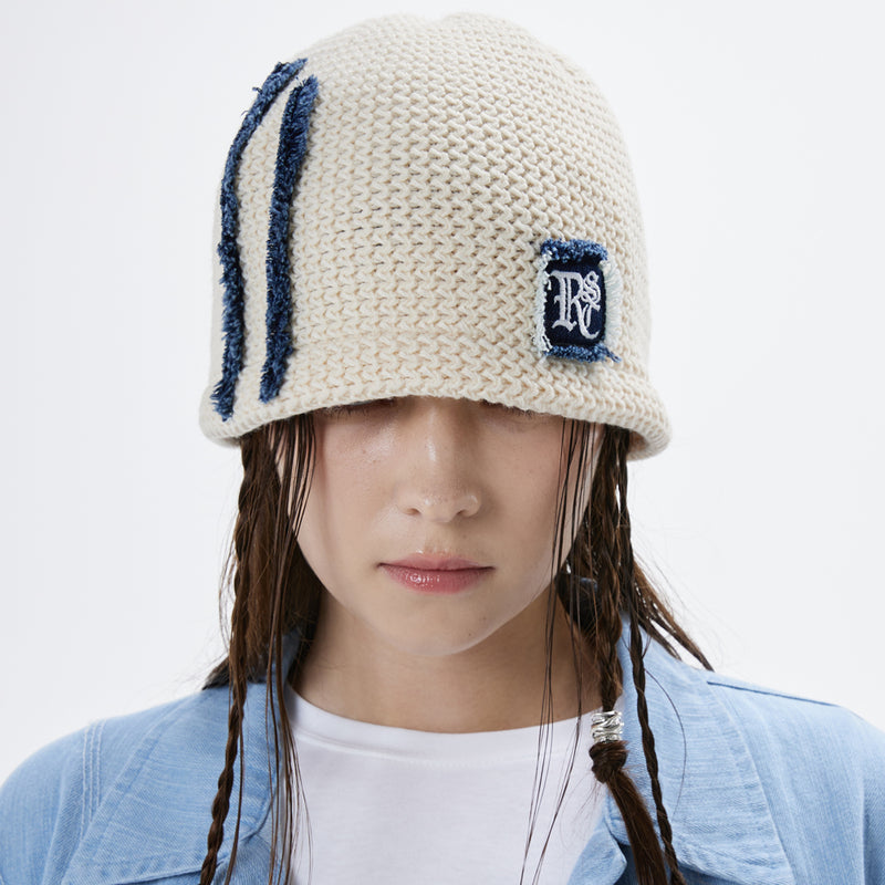 DENIM PATCHED KNIT BEANIE - IVORY