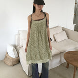 Dochi Vintage Flower Lace Pintuck Layered Tank Top Long One Piece