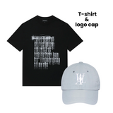 【SET】Typo Graphic T-shirt - BLACK + Signature Logo ball cap - NYLON SKY BLUE