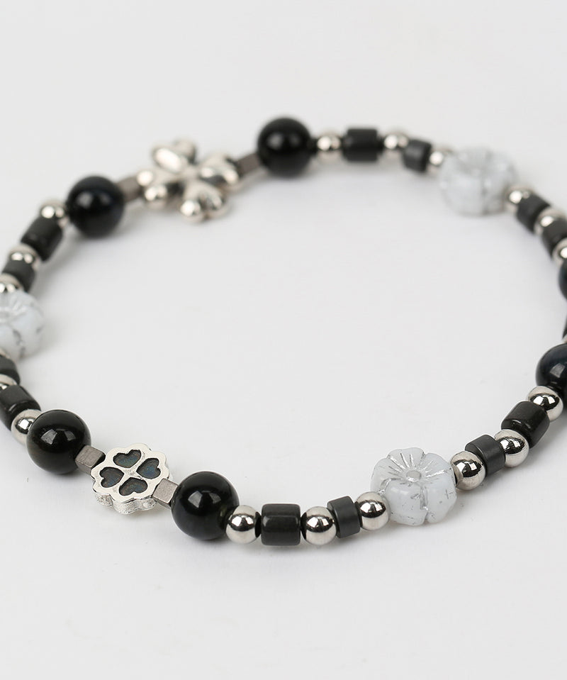 Clover beads stone bracelet BK (925 silver)