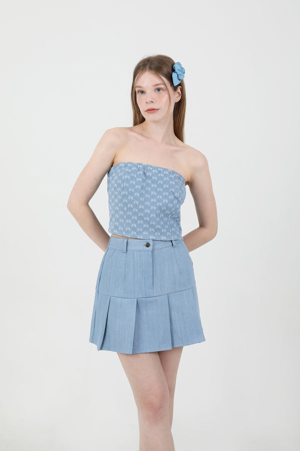 Denim Pleats Banding Mini Skirt Light Blue