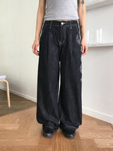 Skoll two-way pintuck paisley cubic stitch non-fade denim long wide pants