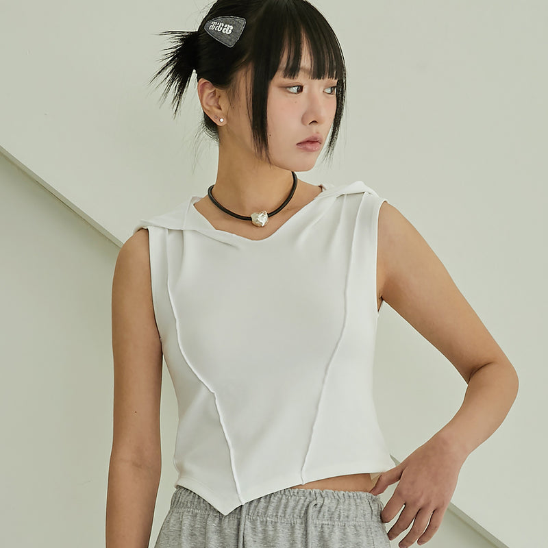 Hooded Pintuck Cropped Sleeveless White