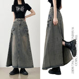 Tsuka Stitch Cargo Washed Denim Maxi Long Skirt
