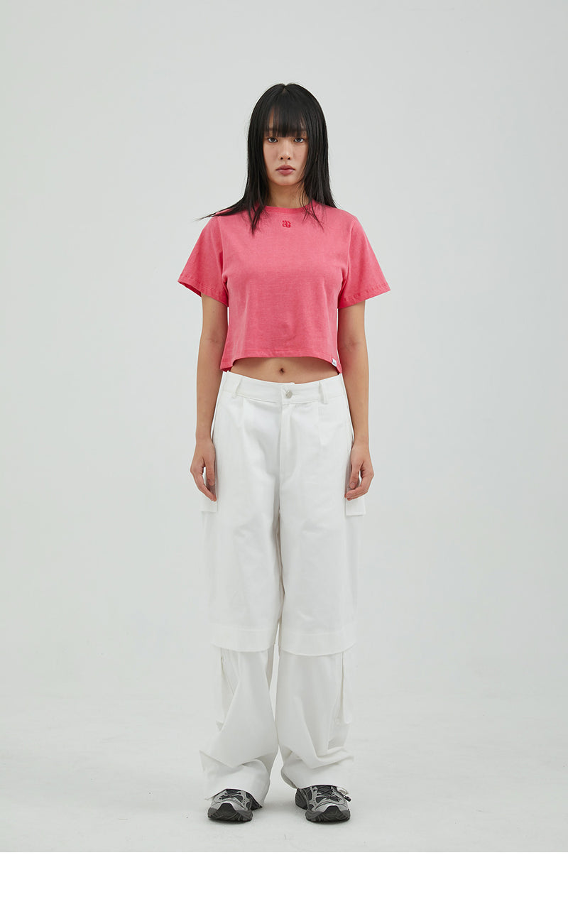 Pigment Logo Embroidery Cropped Short Sleeve T-Shirt pink