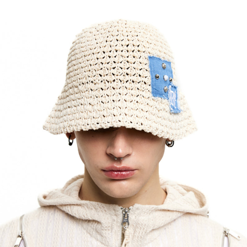 RIVET PATCHED KNIT BUCKET HAT - IVORY