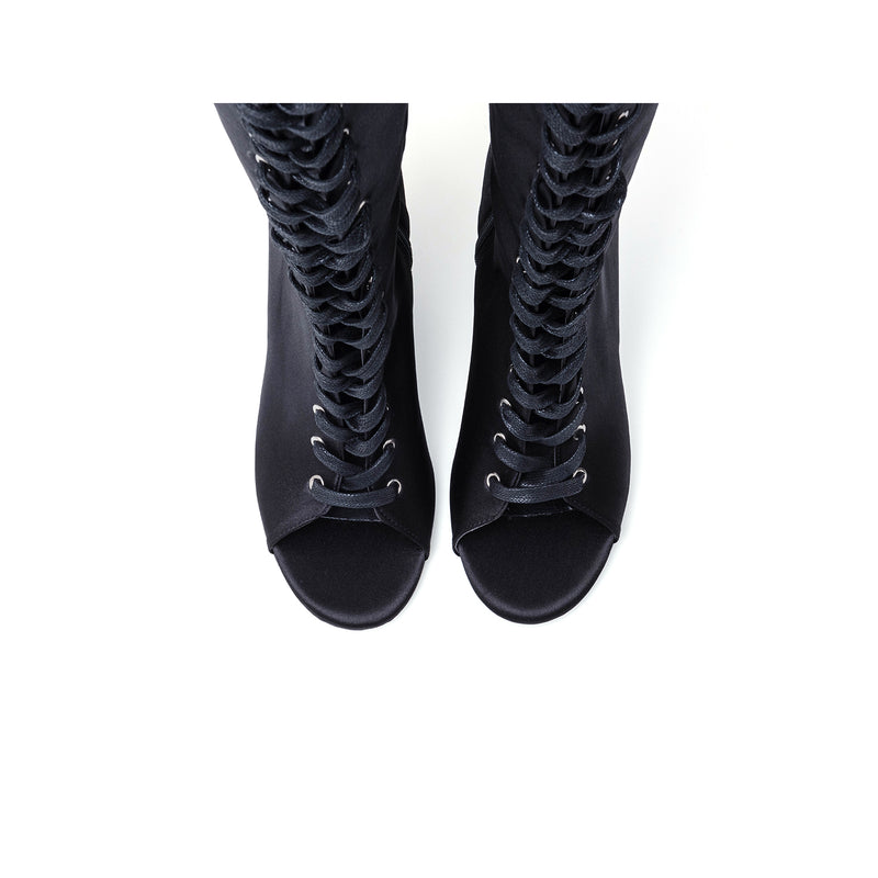 Satin Lace-Up Open Toe Boots Heel(Black)