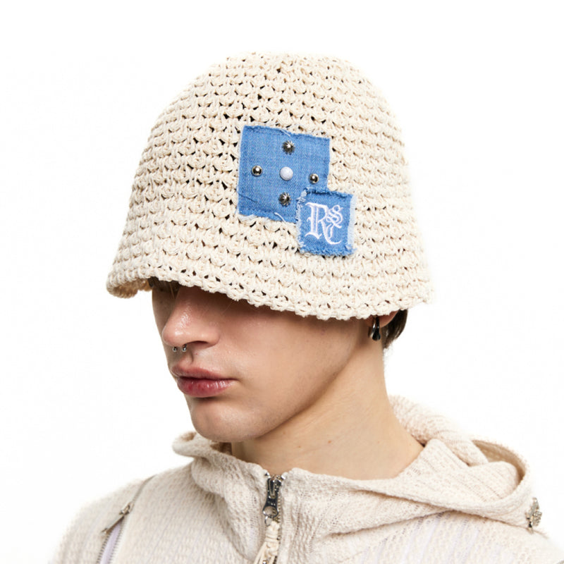 RIVET PATCHED KNIT BUCKET HAT - IVORY