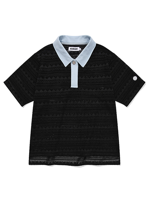 CUT OFF COLLAR POINT LACE SHORT SLEEVE KNIT [BLACK]