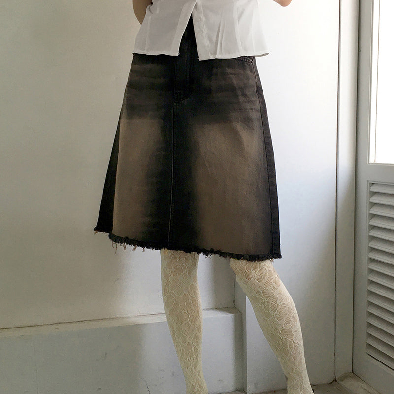 Pet dark washed damaged denim midi skirt