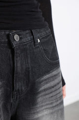 leather patch black denim wide jeans