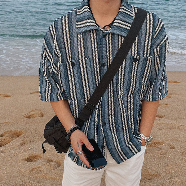 ASCLO Multi Stripe Knitting Short Sleeve Shirt (2color)