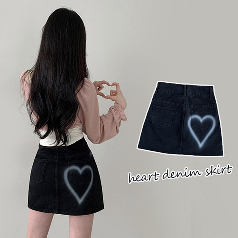 Puni two-button heart printed denim mini skirt