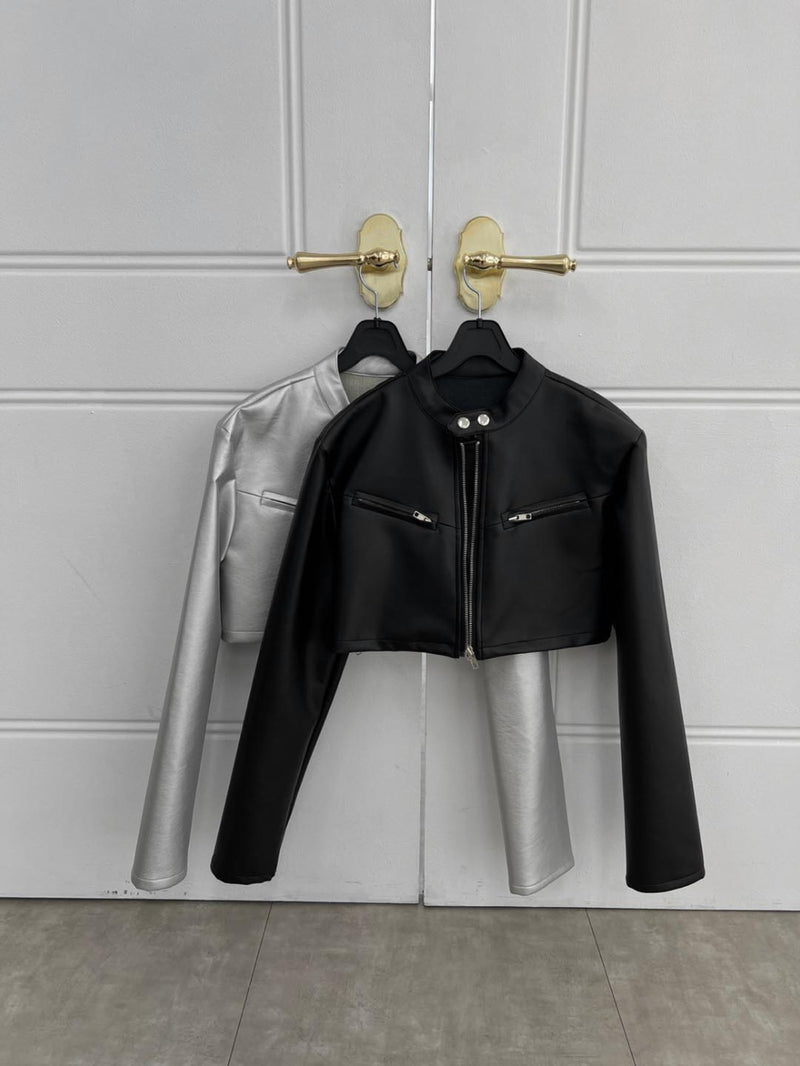 Metal crop short leather rider jacket (2 colors)