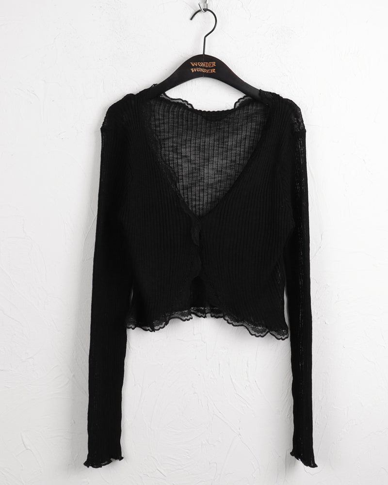 Lunan frill lace ribbed wave see-through one button long sleeve cardigan