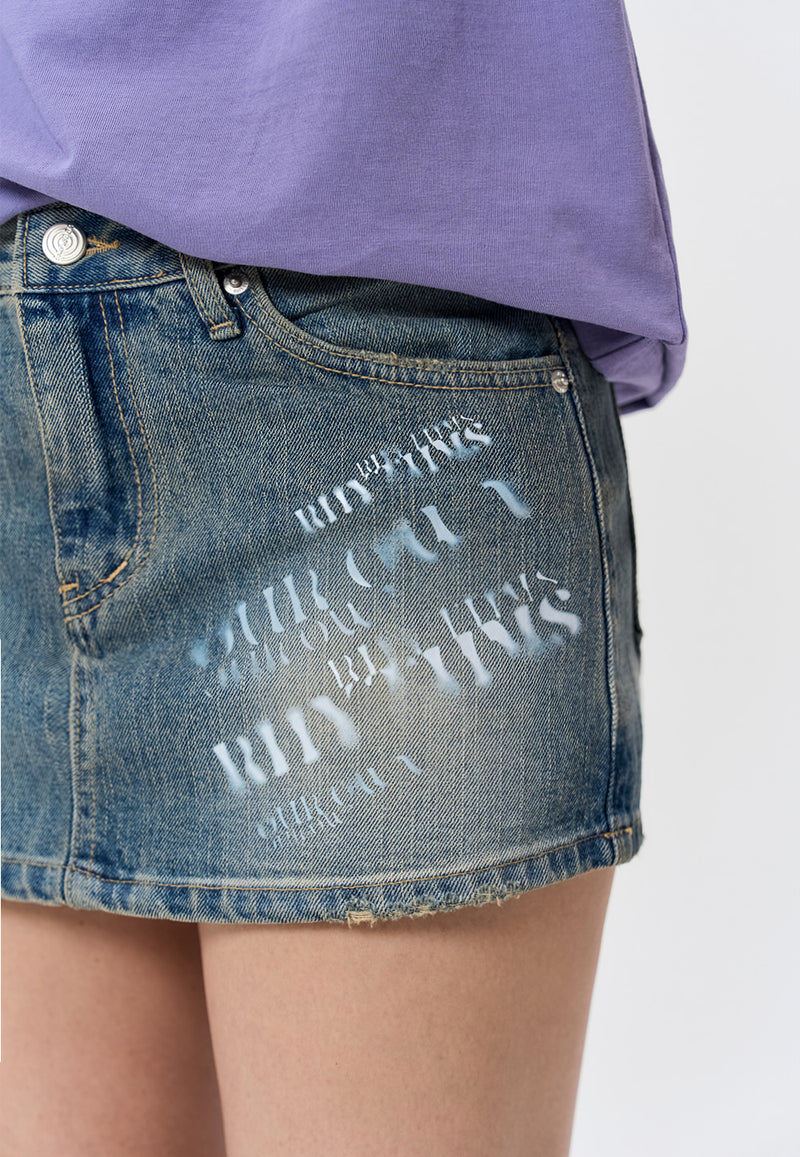 Slogan graphic denim micro mini skirt - BLUE
