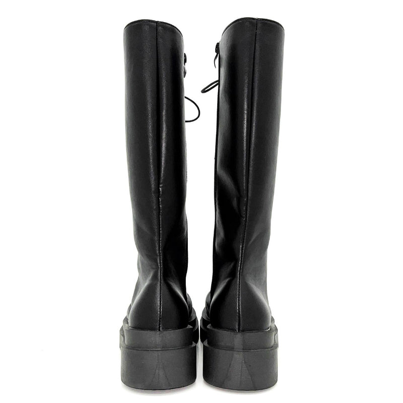 Round toe zipper lace-up long boots (Black)