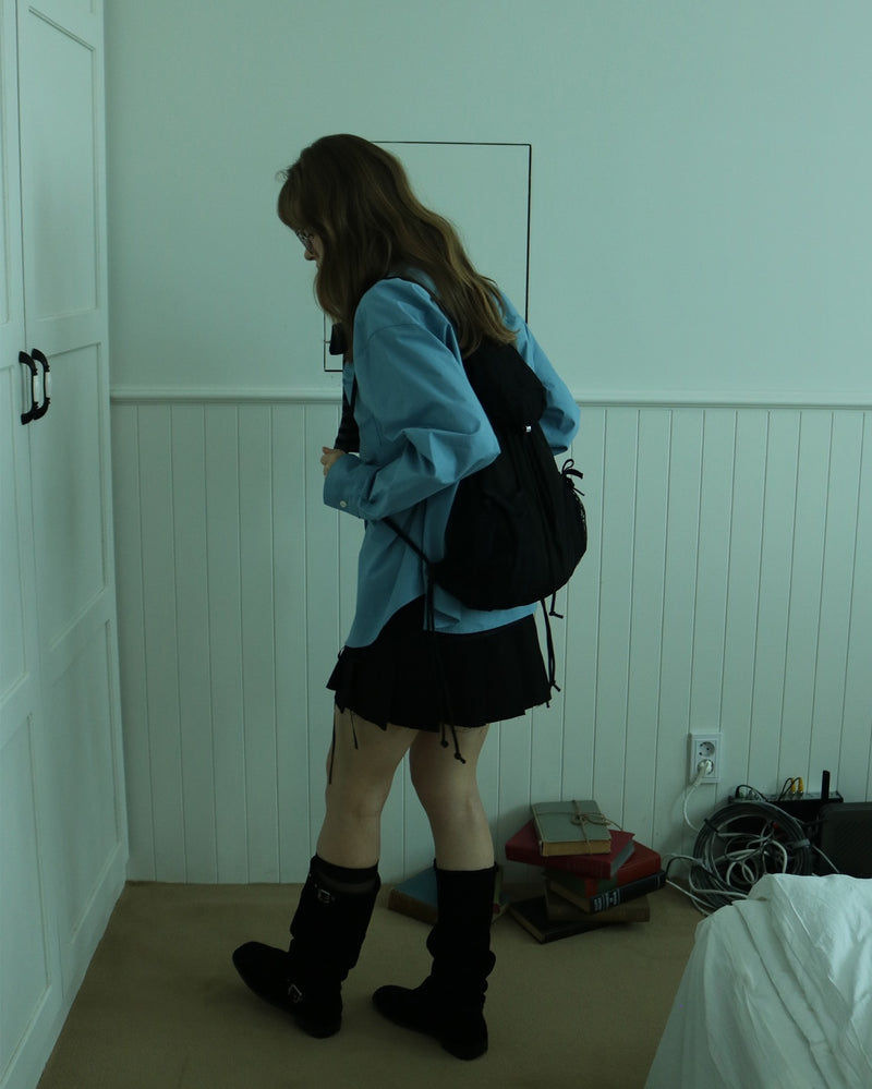 Patched lace hoodie bag / black, sky blue