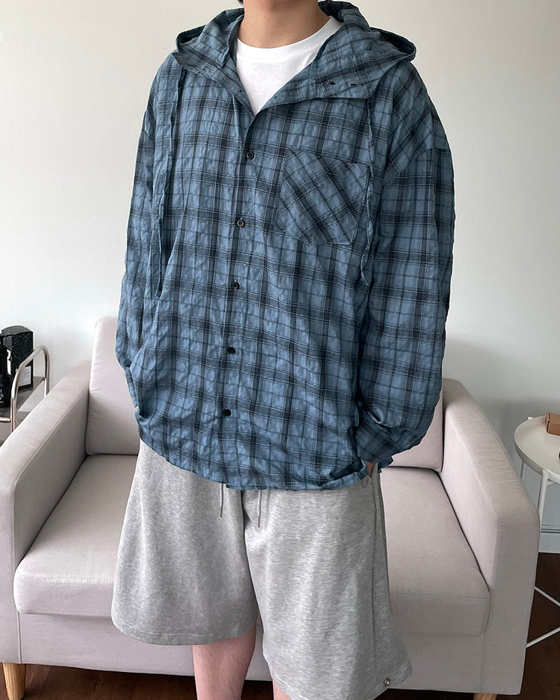 Linen checkered hooded shirt
