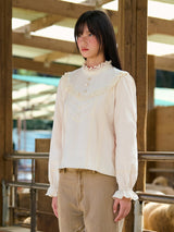 High-Neck Lace-Frill Blouse (Beige)