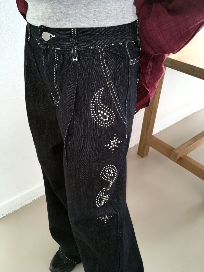 Skoll two-way pintuck paisley cubic stitch non-fade denim long wide pants