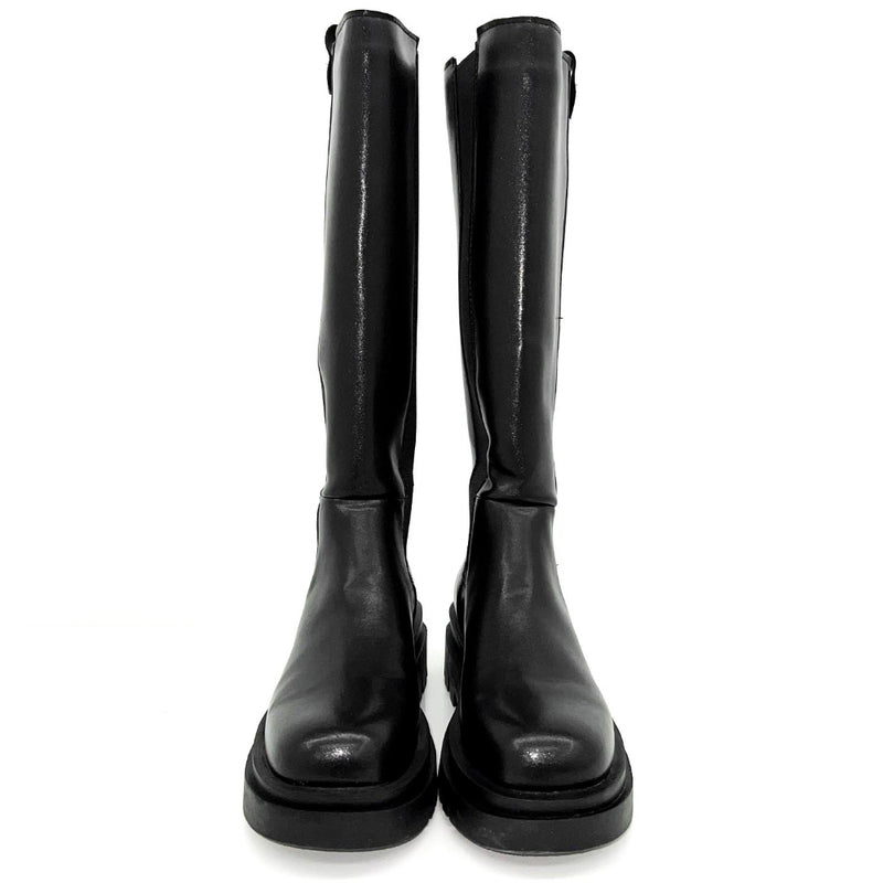 Back zipper oversole banding round toe leather long boots (Black)