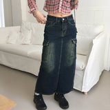 Toku Vintage Washed Cargo Denim Long Skirt