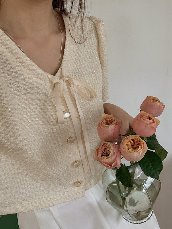 Stollen ribbon tweed summer short-sleeved blouse jacket (2 colors)