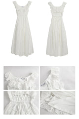 パンチングホワイトバックレスフリルロングドレス