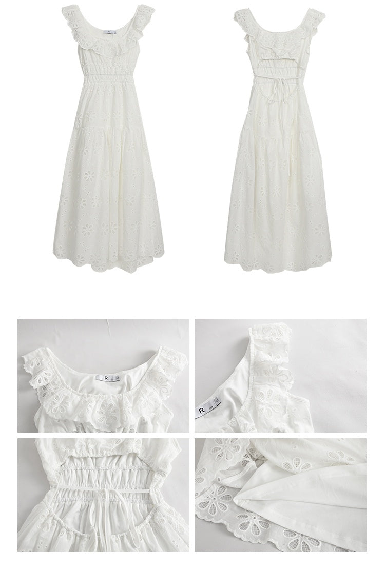 パンチングホワイトバックレスフリルロングドレス