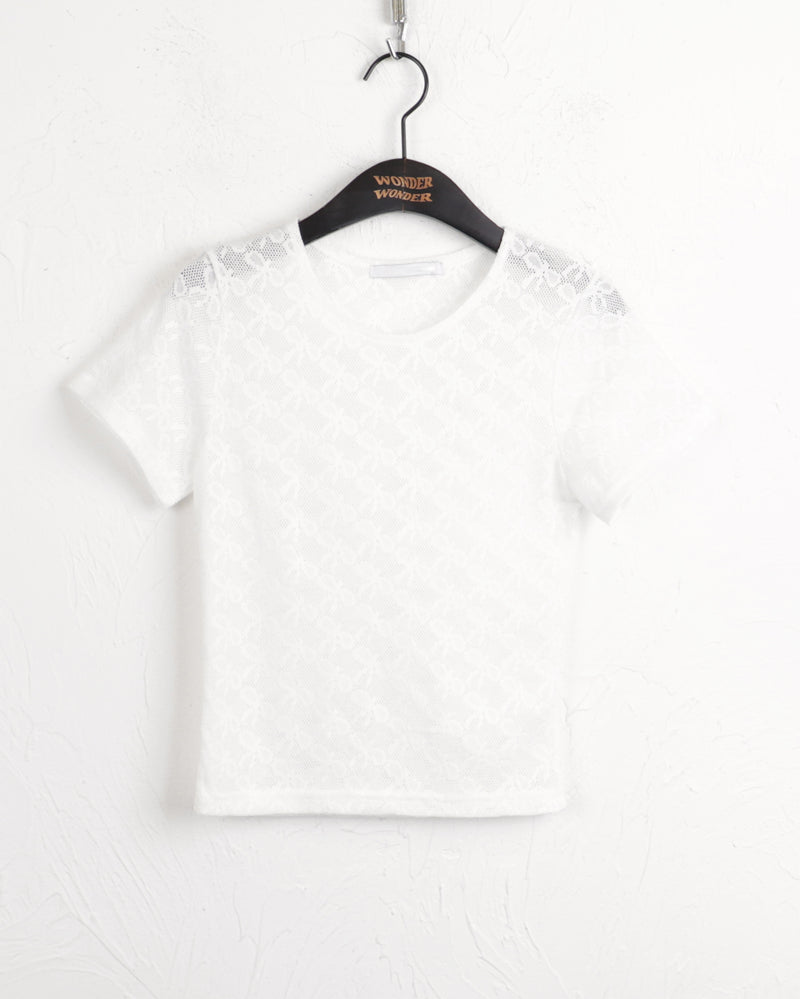 Lasle Ribbon See-through Layered Crop Short Sleeve T-Shirt