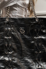 metalic lace up leather shopper bag - black