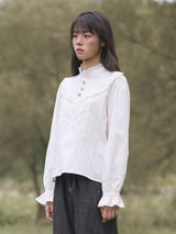 High-Neck Lace-Frill Blouse (Ivory)