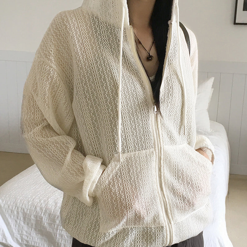 MADE] Bitter Vintage Punching See-through Two-Way String Hooded Cardigan Zip-Up